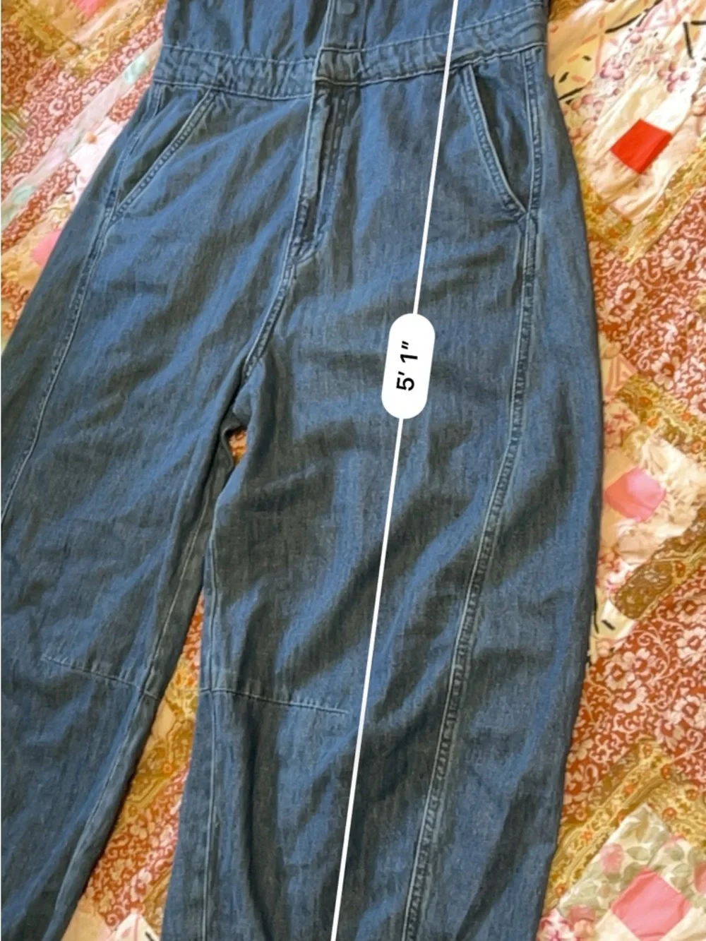 Curved Leg Denim Jumpsuit - Medium Wash 10 - Picture 8 of 11